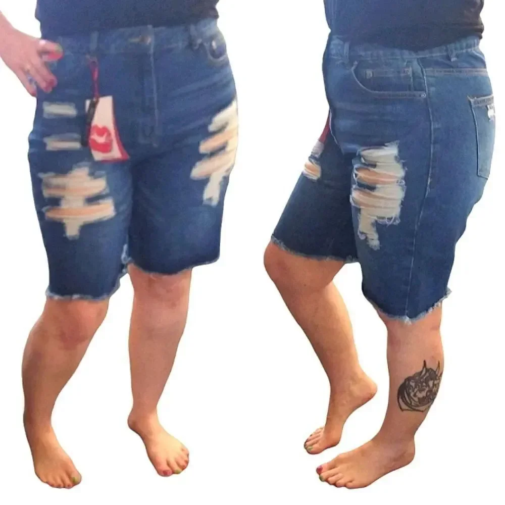 Hot Kiss Highest Rise Ripped  Bermuda Blue Jean‎ Shorts Size 15 NWT